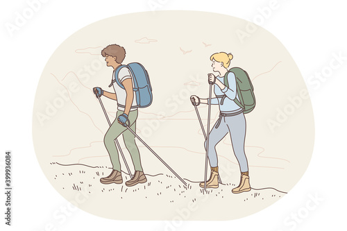 Mountain tourism, Hiking, traveling on nature concept. Young happy couple cartoon characters tourists backpackers hikers hiking on nature with sticks together vector illustration 