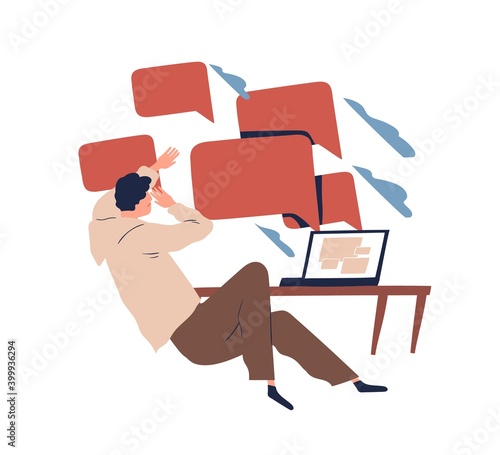 Male teenager having negative comments and messages from social networks vector flat illustration. Victim of aggression and pressure online isolated. Concept of cyberbullying and abuse