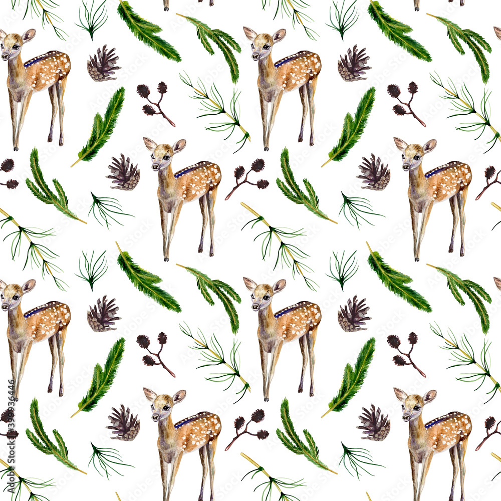 Obraz Akwarela ręcznie malowane wzór z baby jelenia, szyszki i gałęzie iglaste na białym tle. Wzór leśny doskonale sprawdzi się na tkaninie, papierze pakowym czy scrapbookingu.