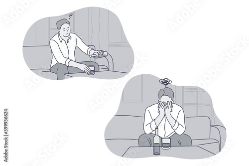 Grief, Depression, alcohol addicted concept. Young unhappy man suffering from depression, drinking alcohol and covering face with hands thinking about bad news vector illustration 