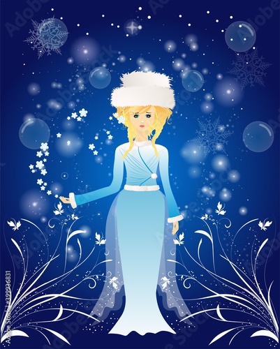 composition with a beautiful winter girl wearing a blue dress and a fur hat