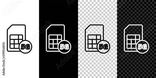 Set line 5G Sim Card icon isolated on black and white background. Mobile and wireless communication technologies. Network chip electronic connection. Vector.