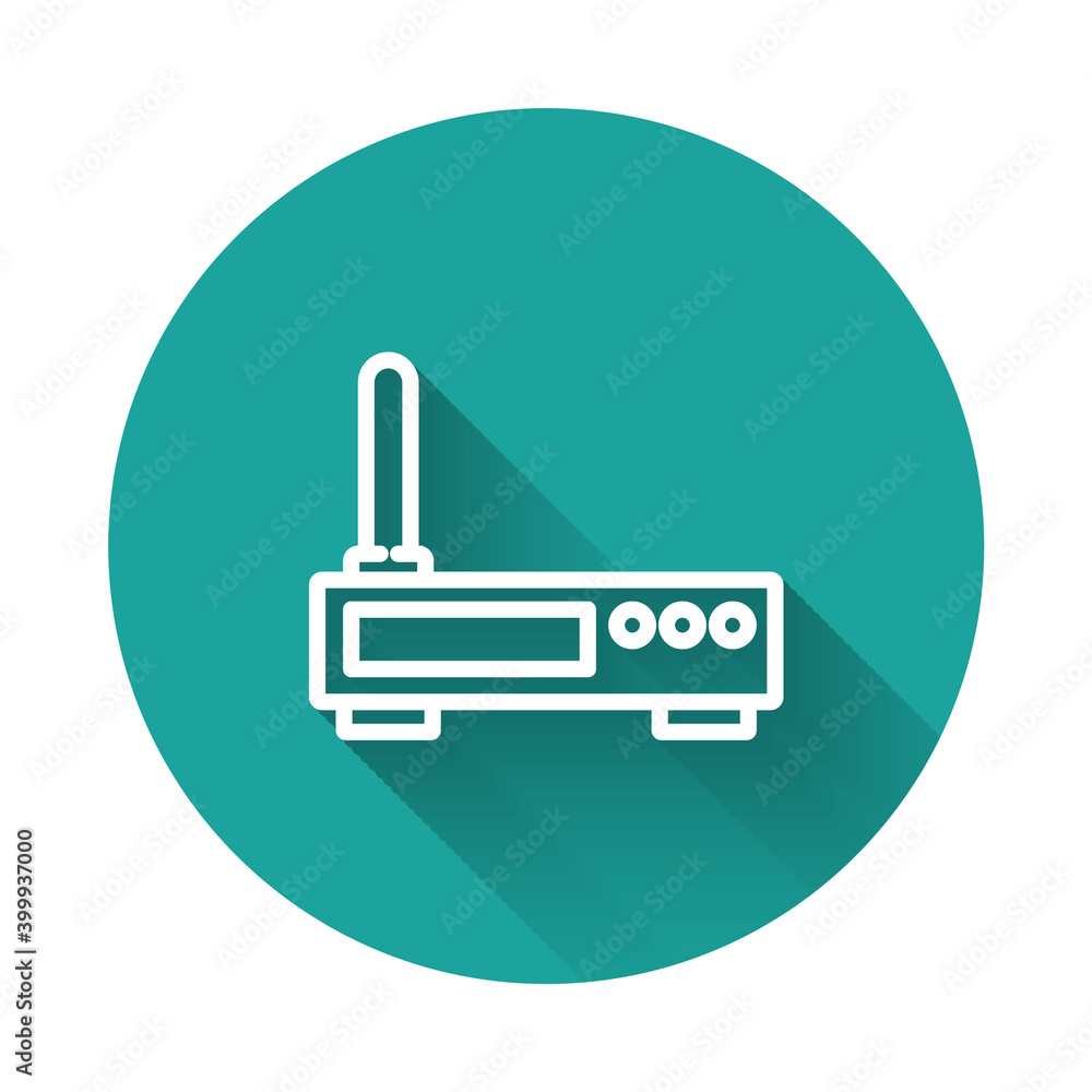 White line Router and wi-fi signal icon isolated with long shadow. Wireless ethernet modem router. Computer technology internet. Green circle button. Vector. White line Router and wi-fi signal icon isolated with long shadow. Wireless ethernet modem router. Computer technology internet. Green circle button. Vector.