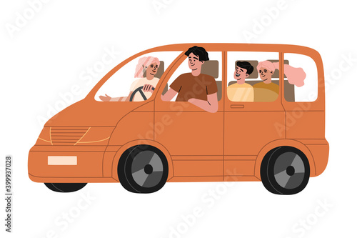 Family travel in orange car. Happy parents mother and father going on vacation trip with their kids by automobile. Hand drawn vector illustration in flat carton style, isolated on white background