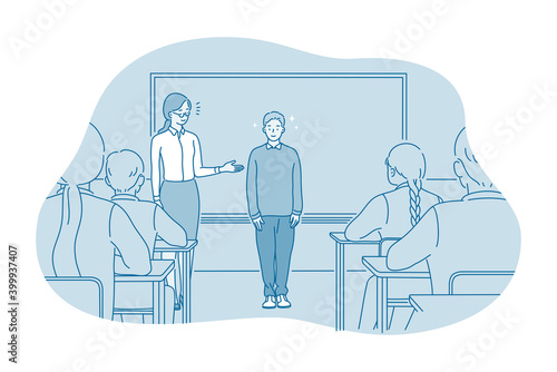 Studying in school  introducing  pupil and teacher concept. Teacher introducing new smiling boy pupil to classmates in classroom at school illustration