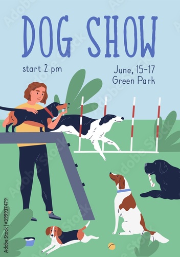 Conformation or breed show colorful poster template with place for text vector flat illustration. Vertical advertising for dog championship. Placard with woman cynologist training pets at playground