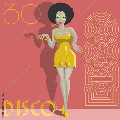 poster with beautiful disco girl in 60s style