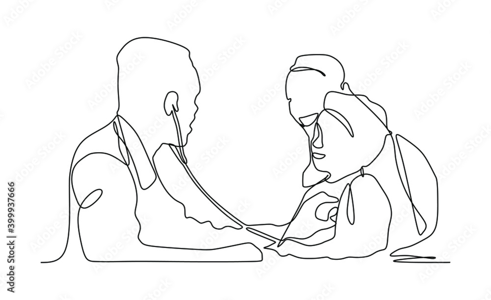 A child with his mother being checked by a doctor, physician. Continuous one line drawing A child with his mother being checked by a doctor, physician. Continuous one line drawing