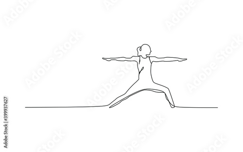 A woman doing yoga virabhadrasana pose. Continuous one line drawing