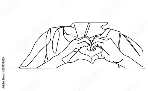 A woman shows heart gesture with two hands. Continuous one line drawing