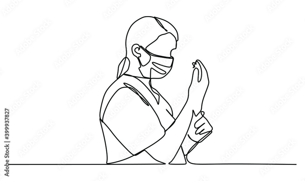 A young woman fixing her protective glove. Continuous one line drawing