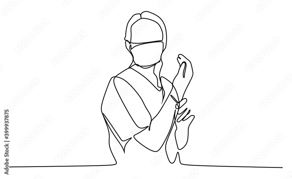 A young woman in surgical mask fixing her protective glove. Continuous one line drawing