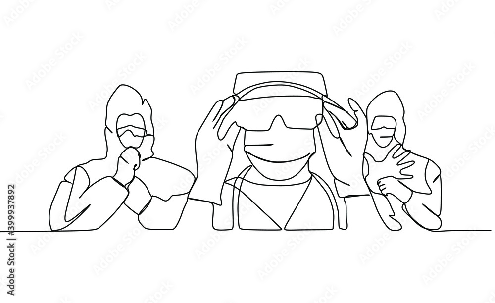 Medical staff team in protective suite. Continuous one line drawing Medical staff team in protective suite. Continuous one line drawing