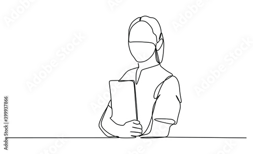 A nurse in protective mask holding medical record. Continuous one line drawing