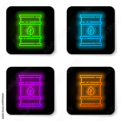 Glowing neon line Bio fuel barrel icon isolated on white background. Eco bio and canister. Green environment and recycle. Black square button. Vector.