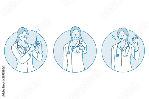 Healthcare, doctor showing signs, medicine concept. Young woman doctor in uniform cartoon character holding syringe and expressing good sign and right choice in vaccination with hands 