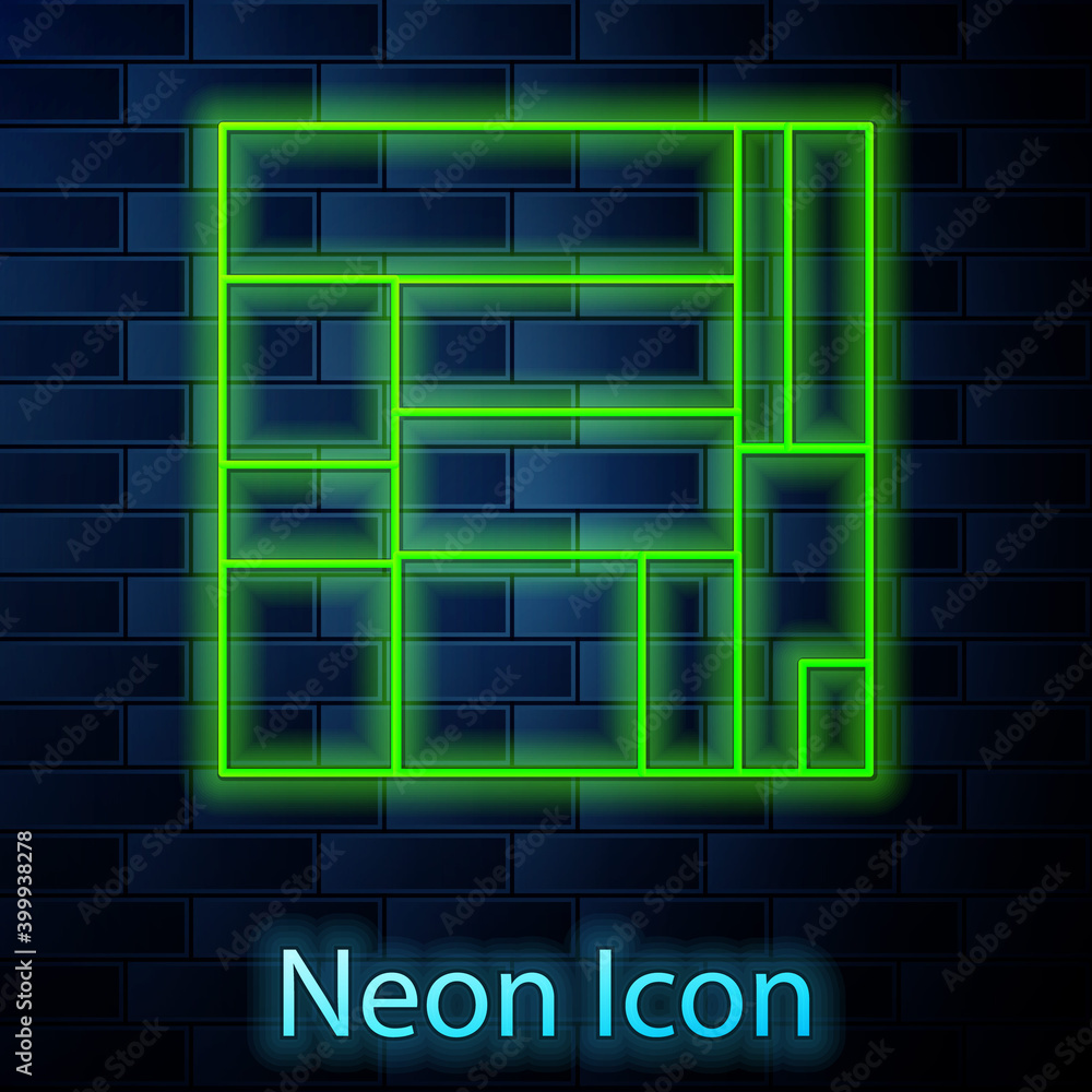 Glowing neon line House Edificio Mirador icon isolated on brick wall ...