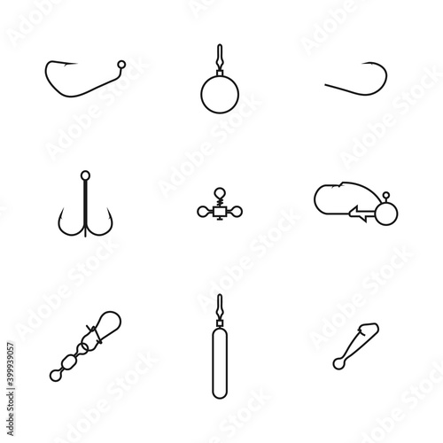 Set of different spinning fishing accessories and tackles, vector illustration.
