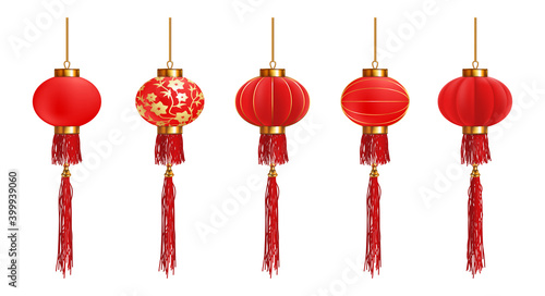 Chinese New Year. Five red Chinese lanterns on a white background. Highly realistic illustration.