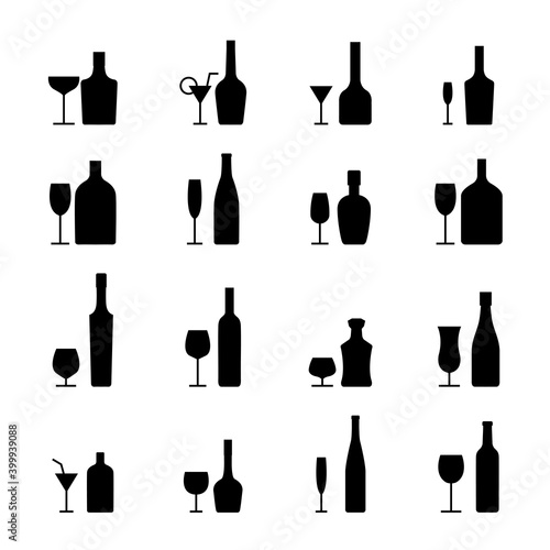 Alcohol bottles and glasses icons set, vector illustration.