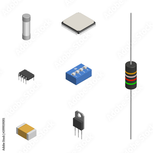 Set of different 3D electronic components, vector illustration.