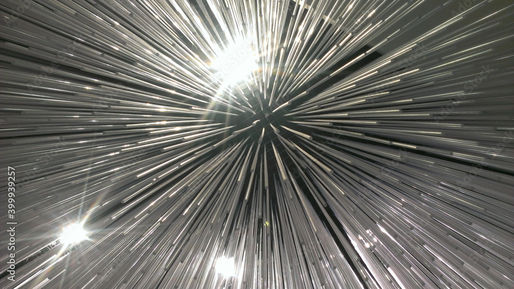 Obraz premium Beautiful white slim stalactites radial rays in perspective with lights points, abstract space texture for background