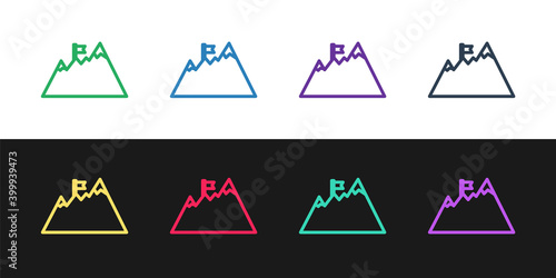 Set line Mountains with flag on top icon isolated on black and white background. Symbol of victory or success concept. Goal achievement. Vector.