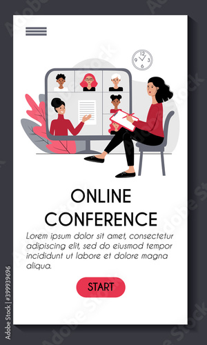 Mobile app template for online conference webinar e learning. Young woman is watching an online lecture. Teacher and students at the computer screen. Stock vector modern flat concept illustration.