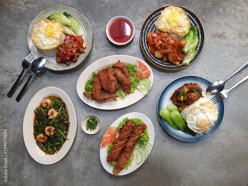 Top view home-cooked Chinese food. Malaysian traditional home-cooked meal.