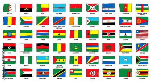 All African Flag Pack hand drawn. Countries icon Collection with Names Vector Sketch Illustration doodle style