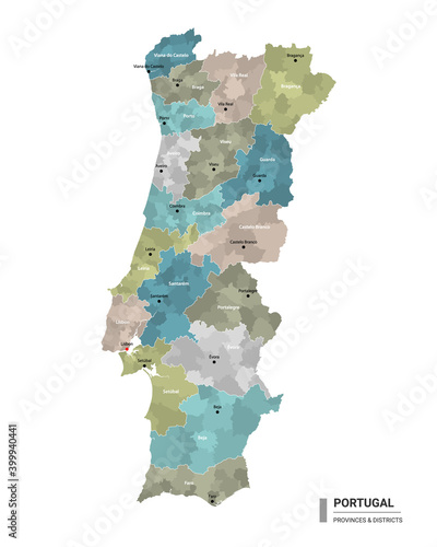 Portugal higt detailed map with subdivisions. Administrative map of Portugal with districts and cities name, colored by states and administrative districts. Vector illustration. photo