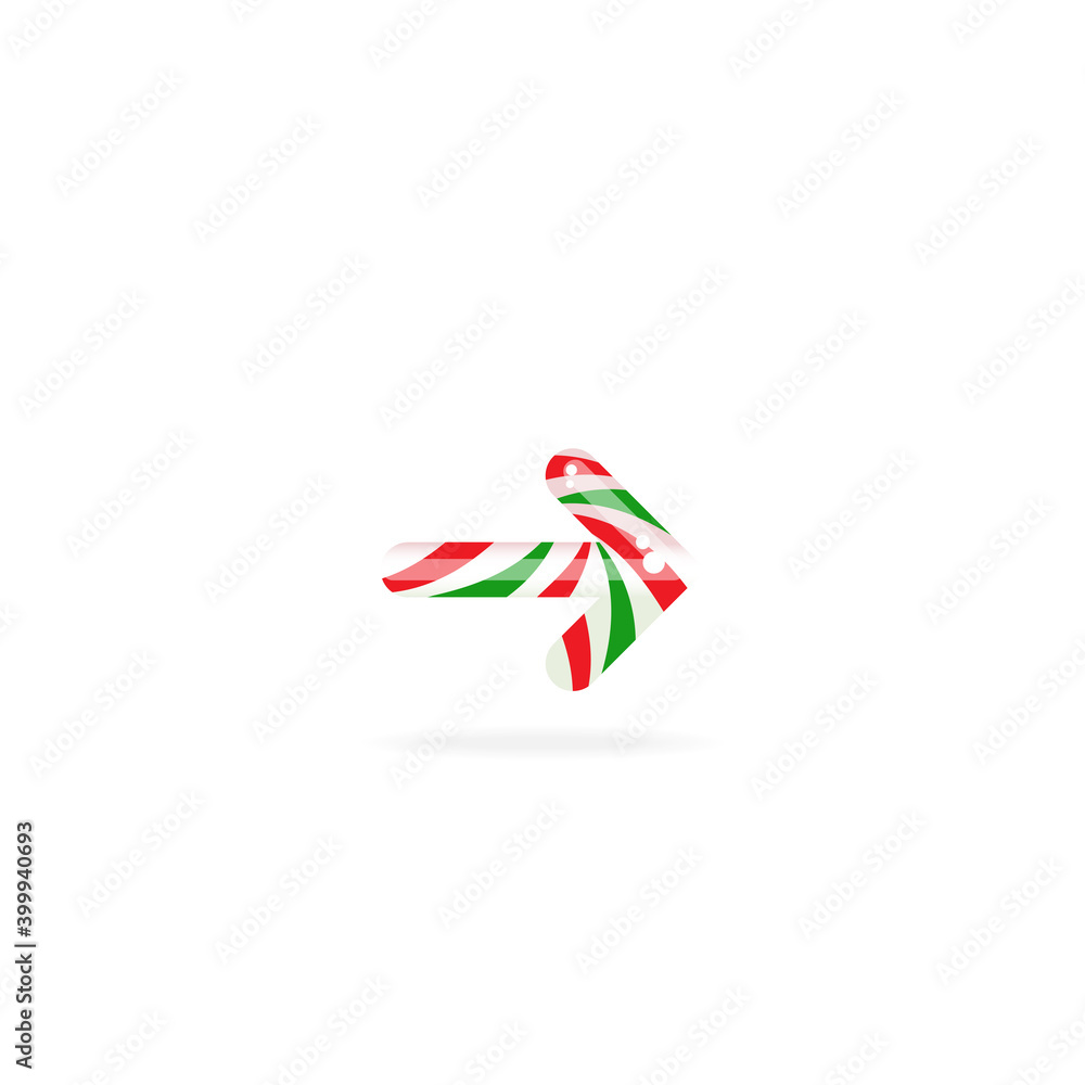 Striped peppermint candy in the shape of right arrow. Vector icon isolated on grey background. Striped peppermint candy in the shape of right arrow. Vector icon isolated on grey background.