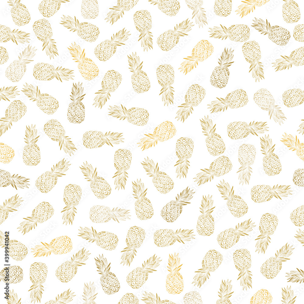 Background with fresh exotic fruits gold pineapple, hand drawn icons. Colorful wallpaper vector. Seamless pattern, decorative illustration.