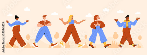 Set of people practicing mindful walking exercise in nature and leaves. Concept illustration for meditation, relax, recreation, healthy lifestyle, mindfulness practice, spiritual discipline. 