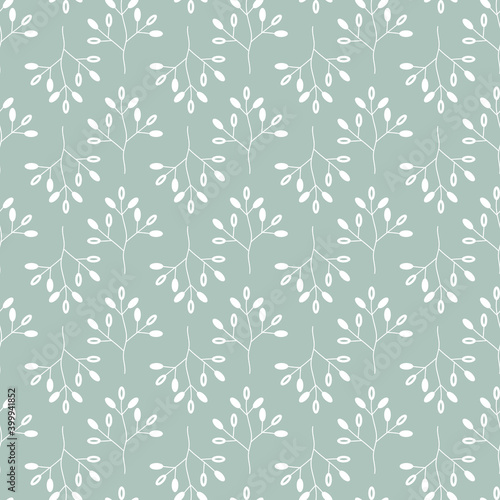 Floral Seamless pattern texture with white berries branches on grey background.