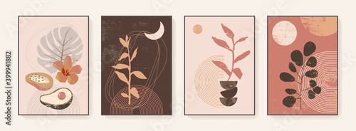 Minimal floral wall art prints. Boho art posters, covers, flyer templates. Mystical Sun and Moon, neutral colors. Bohemian leaf prints. Mid Century Modern design. Vintage vector tropical illustration