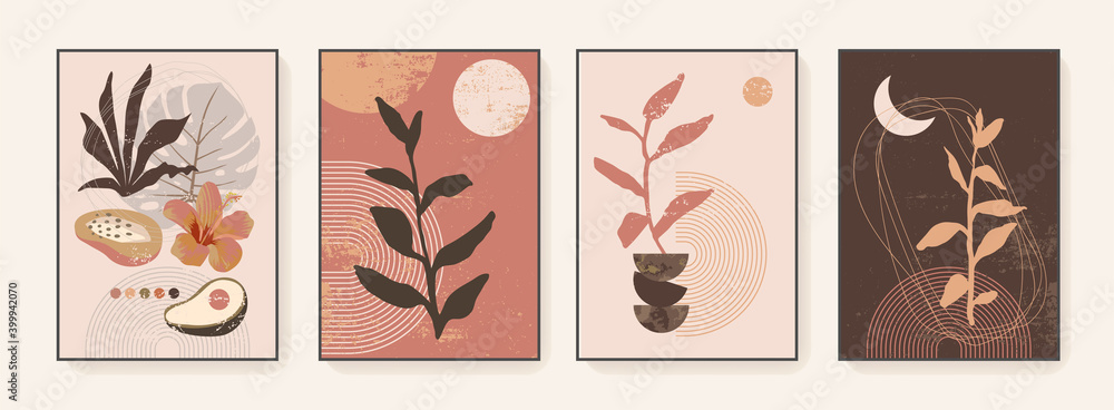 Boho aesthetic natural healing wall art prints, covers, flyers, posters. Mystical Sun and Moon in pastel colors. Bohemian leaf prints. Mid Century Modern design vintage vector tropical illustration