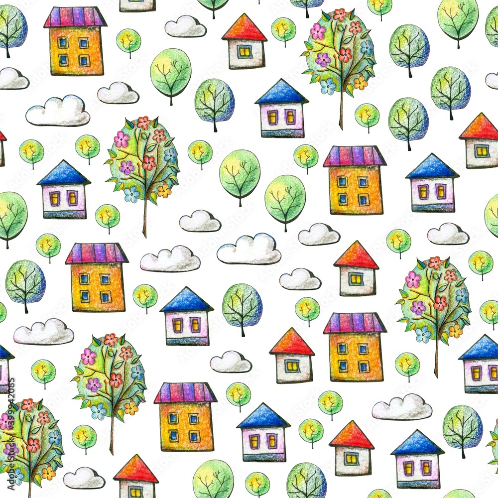 Cute seamless pattern with houses, trees and clouds on white background. Drawing by colored pencils.