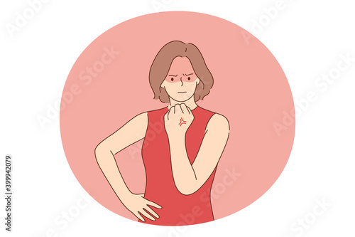 Anger, rage, furious woman concept. Young angry furious female cartoon character standing and showing fist during scandal or fighting with somebody and feeling nervous vector illustration