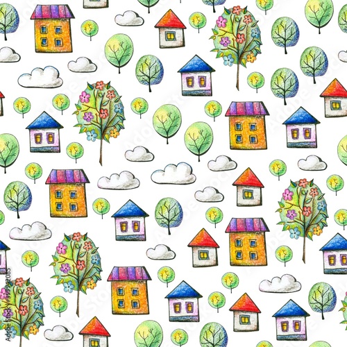 Cute seamless pattern with houses, trees and clouds on white background. Drawing by colored pencils.