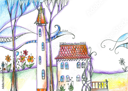 House and tower in fairy forest with trees and flowers. Hand drawn image by c...