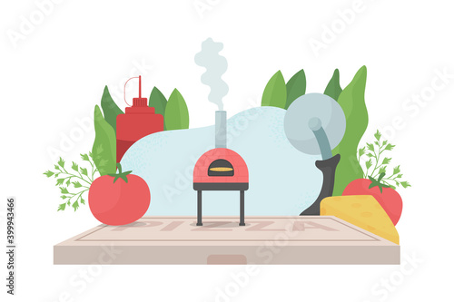 Pizza cooking flat concept vector illustration. Ingredients for italian dish. Pizzeria workplace, workplace. Cafe kitchen 2D cartoon scene for web design. Fast food preparation creative idea