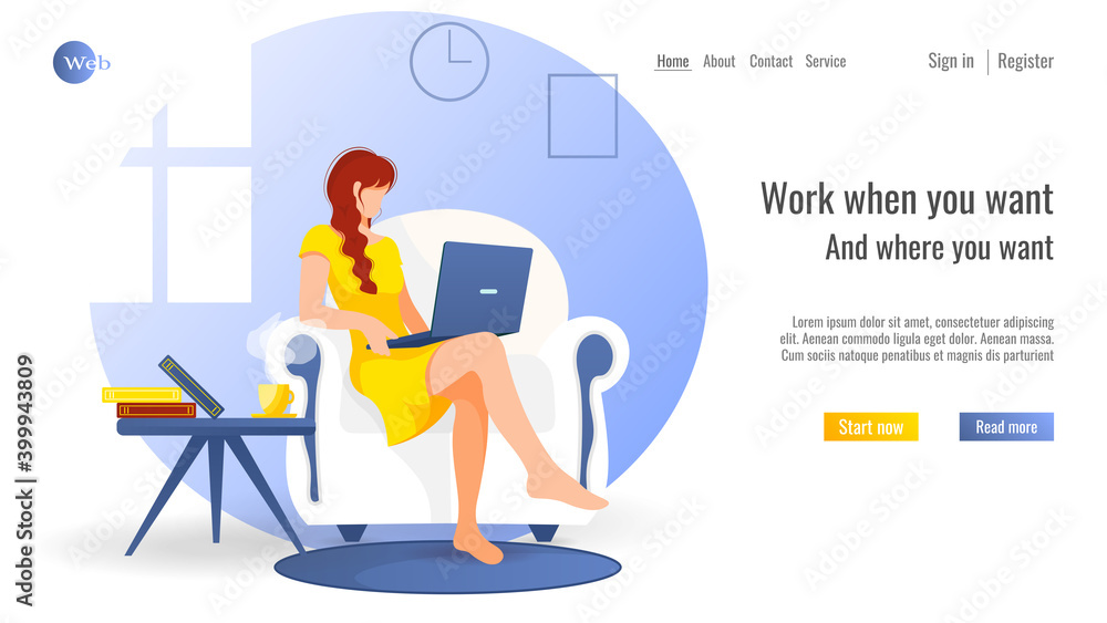 Website design. Woman with laptop sitting on the armchair. Work from home, freelance, studying concept. Vector illustration for flyer, poster, website development. Website design. Woman with laptop sitting on the armchair. Work from home, freelance, studying concept. Vector illustration for flyer, poster, website development.