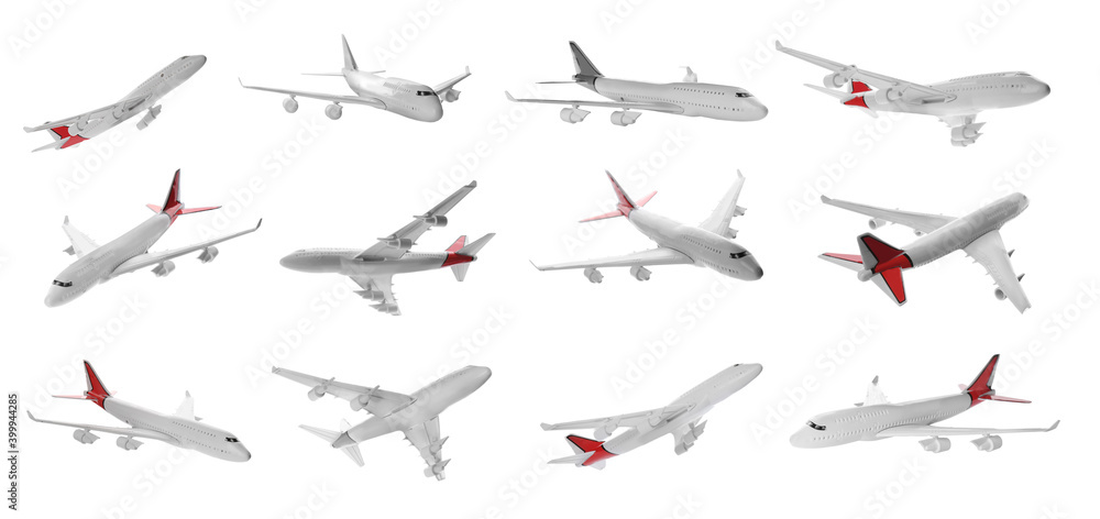 Set of different toy airplanes isolated on white