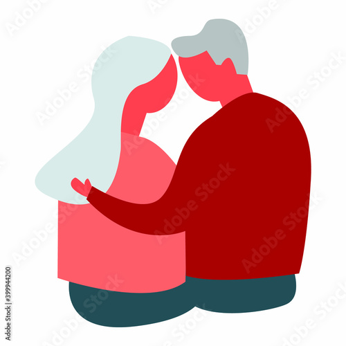 elderly couple sitting hugs and kiss isolated on white. Vector illustration for senior dating, Valentine's day, wedding card