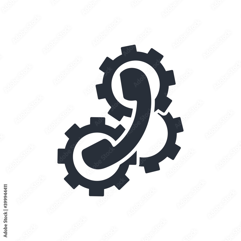 Telephone receiver and gears. Communication sign. Multi-channel call center. Information support resource. Vector icon isolated on white background. Telephone receiver and gears. Communication sign. Multi-channel call center. Information support resource. Vector icon isolated on white background.