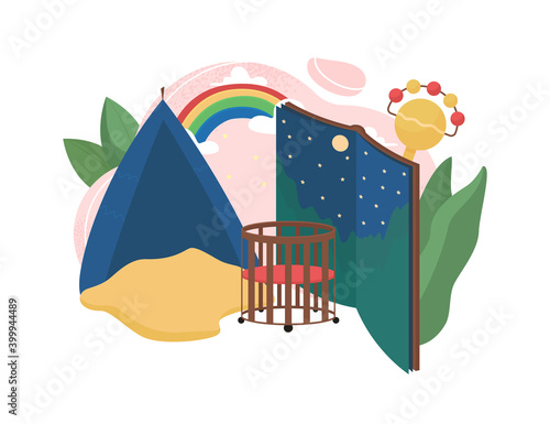 Babysitter flat concept vector illustration. Mother read fairy tale book to baby. Part time job. Mom tell bedtime story. Nanny 2D cartoon character for web design. Babysitting creative idea