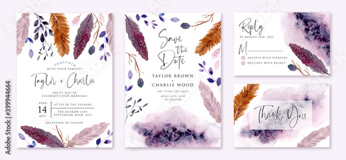 wedding invitation set with rustic purple feather and leaves watercolor