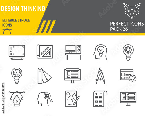 Design thinking line icon set, ideation collection, vector sketches, logo illustrations, design thinking icons, design signs linear pictograms, editable stroke.