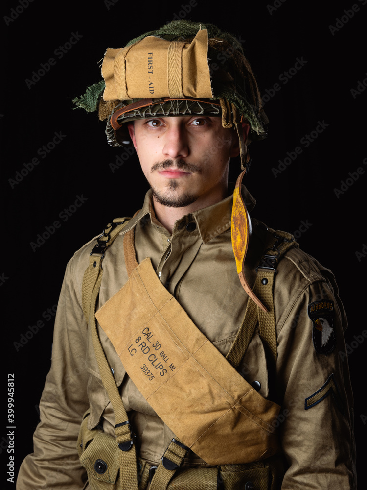 World War II, American 101 Airborne soldier wearing m42 uniform. (506pri). E company, D-day invasion 44. World War II, American 101 Airborne soldier wearing m42 uniform. (506pri). E company, D-day invasion 44.